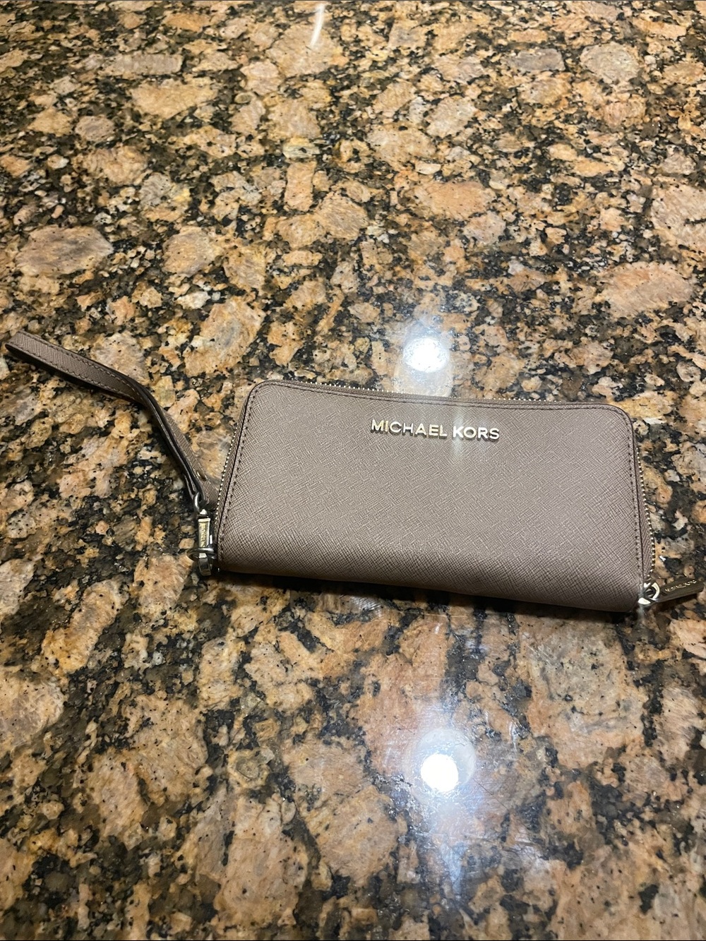 Michael Kors Taupe Saffiano Zip Wristlet Wallet with Gold Logo